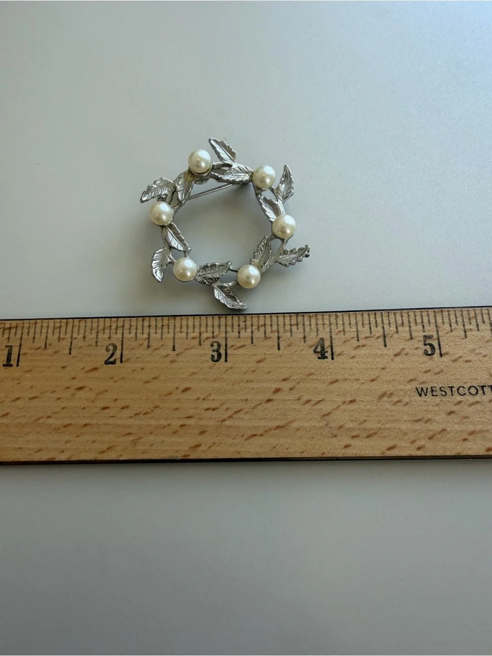 Vintage DFA Dubarry Fifth Avenue Leaf and Faux Pearl Wreath Brooch Silver Tone